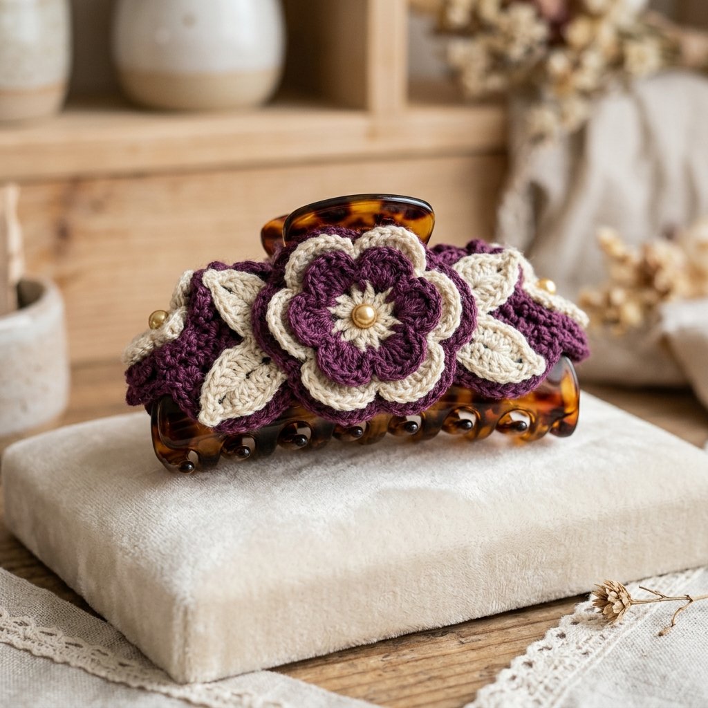 Plum Velvet Blossom Crochet Claw Clip (Large 4-Inch Clip)